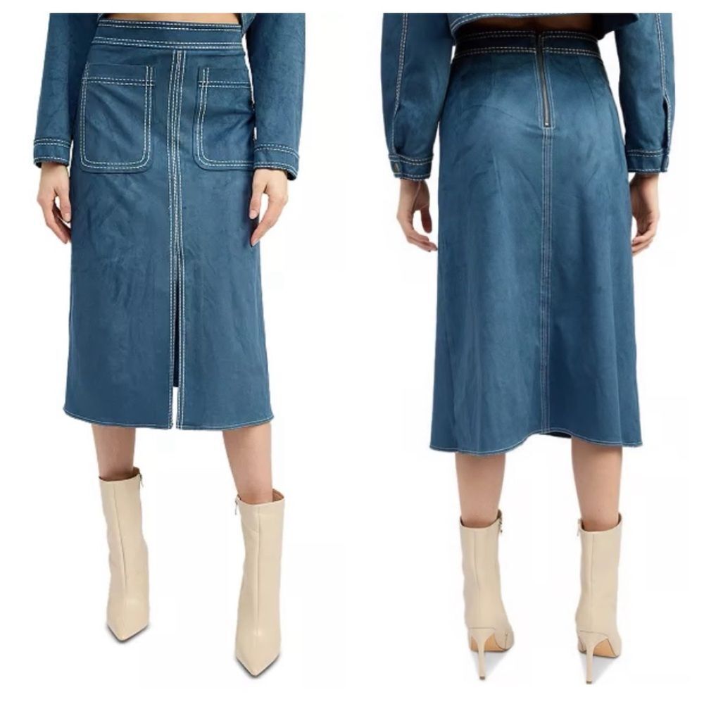 En Saison Robin Faux-Suede Slit-Front Midi Skirt